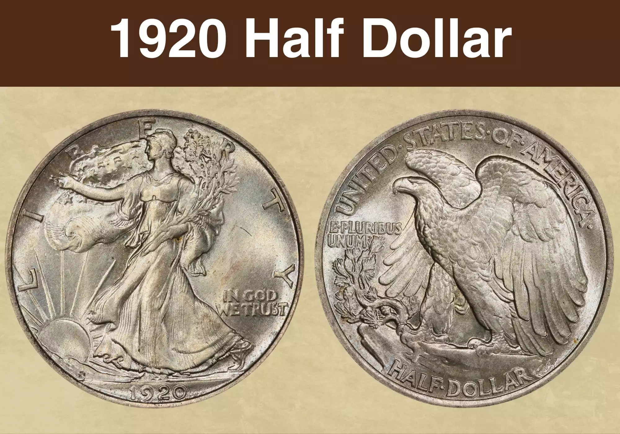 1920 Walking Liberty Half Dollar obverse and reverse showing Liberty striding with American flag, 90% silver coin