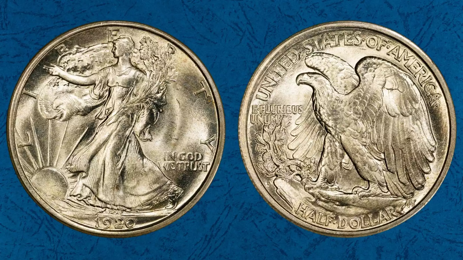 Side-by-side comparison of 1920 Philadelphia (no mint mark) versus 1920-D (Denver mint mark) Walking Liberty half dollar reverses
