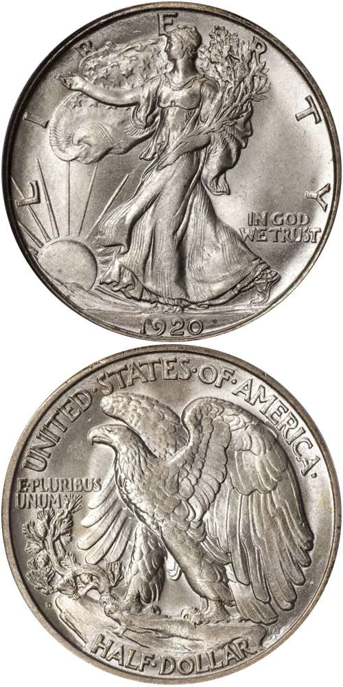 Comparison of 1920-D Walking Liberty half dollar with weak strike versus full-strike showing Liberty's left hand detail difference