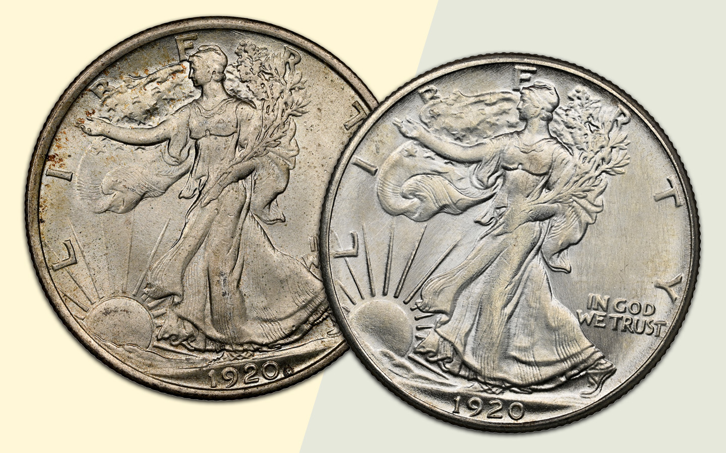 Three 1920 Walking Liberty half dollars from Philadelphia, Denver, and San Francisco mints arranged showing their reverse sides and mint marks