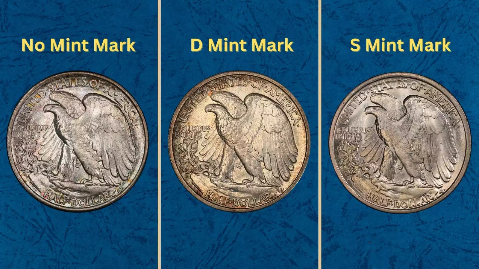 1920 Walking Liberty half dollar grading strip showing four condition levels from Good through Gem Mint State side by side